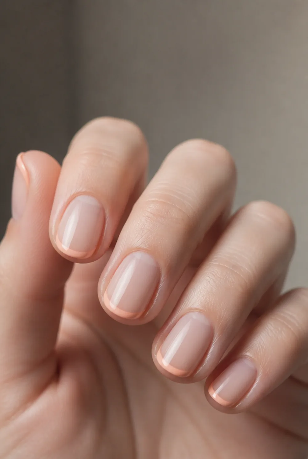 peach french tip nail art on fair skin, short length