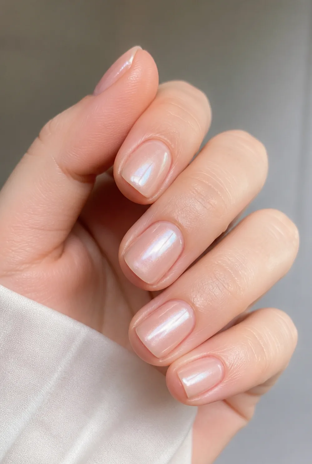 peach glazed pearl nail art on fair skin, short length