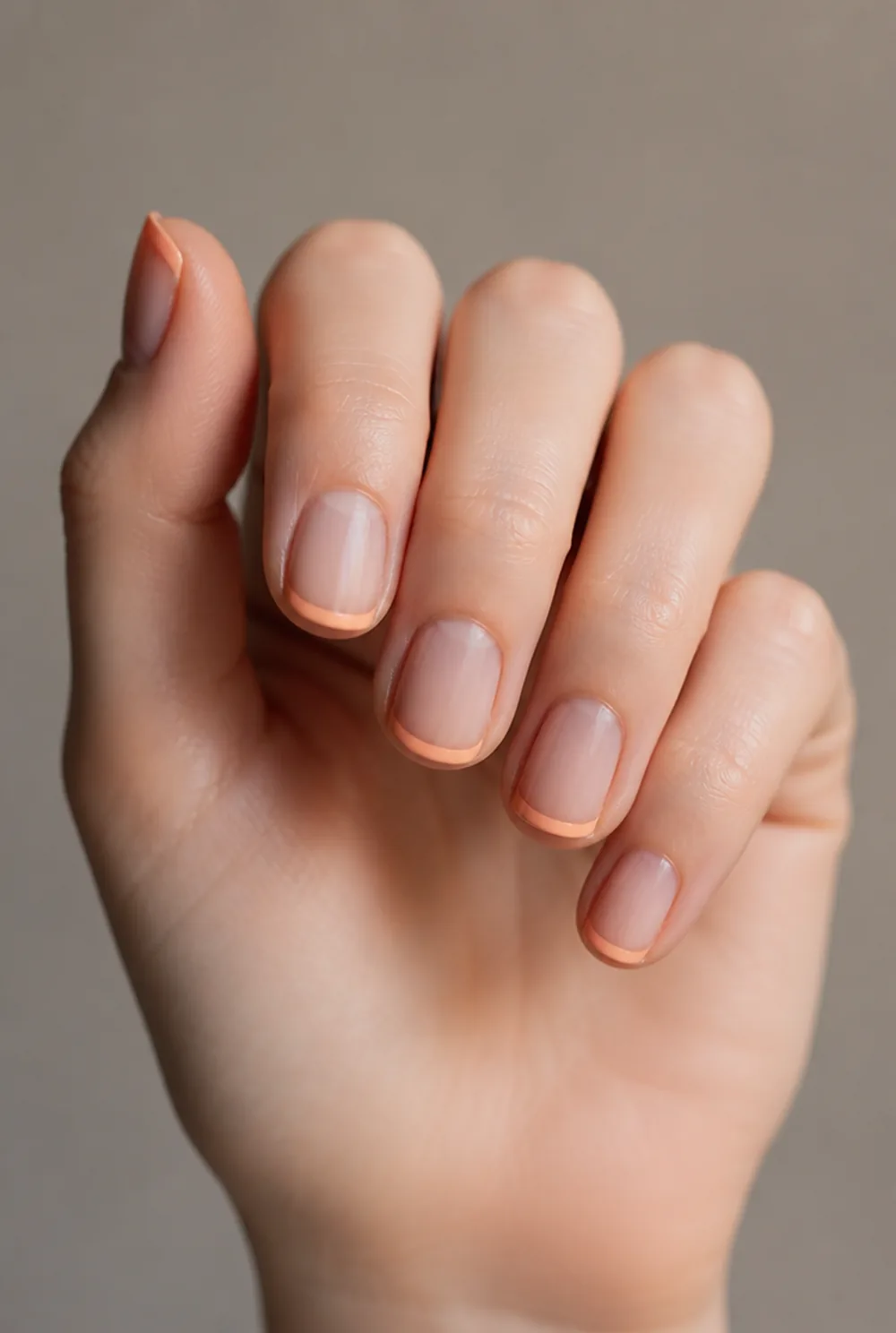 peach micro french nail art on fair skin, short length