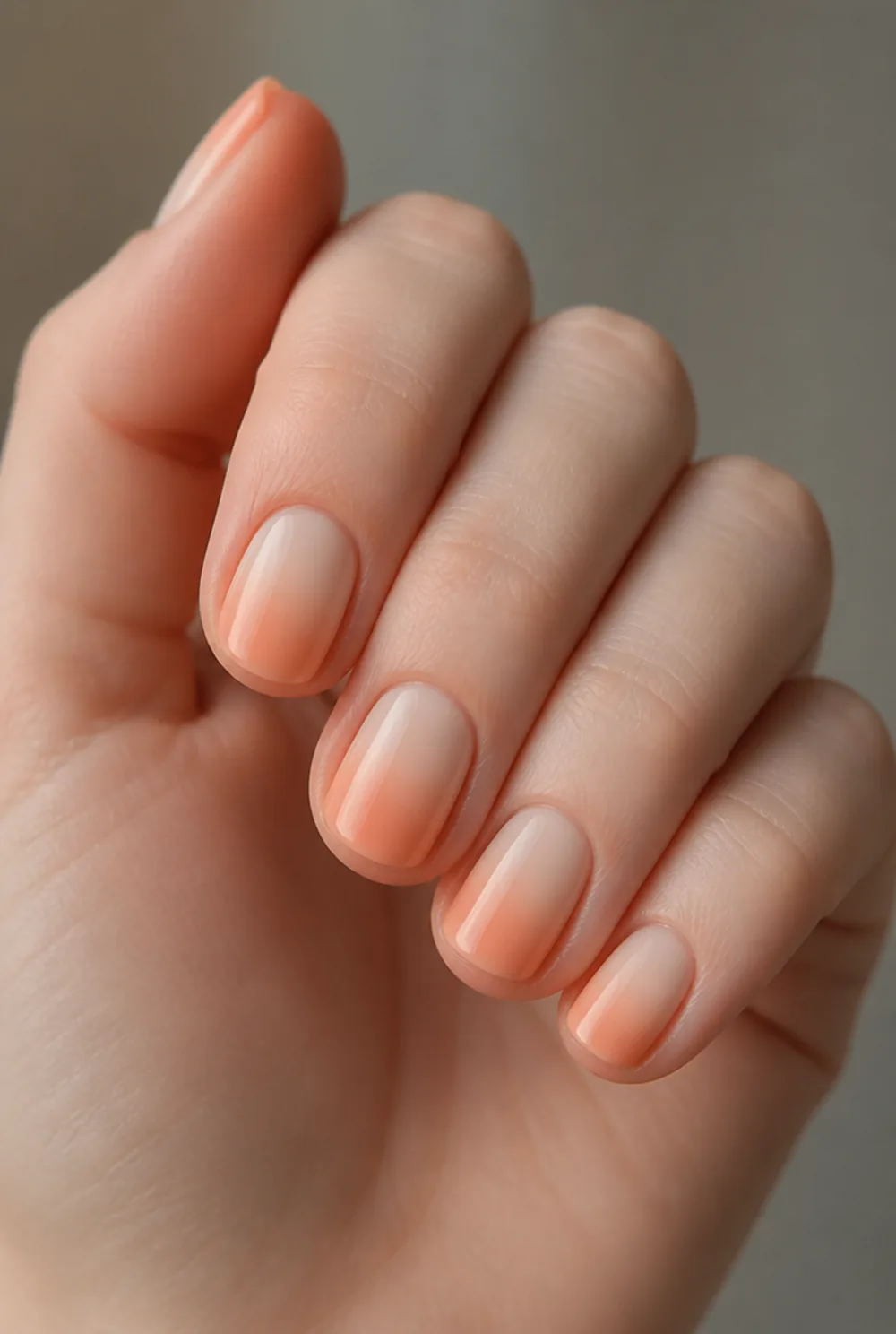 peach and cream ombre nail art on fair skin, short length