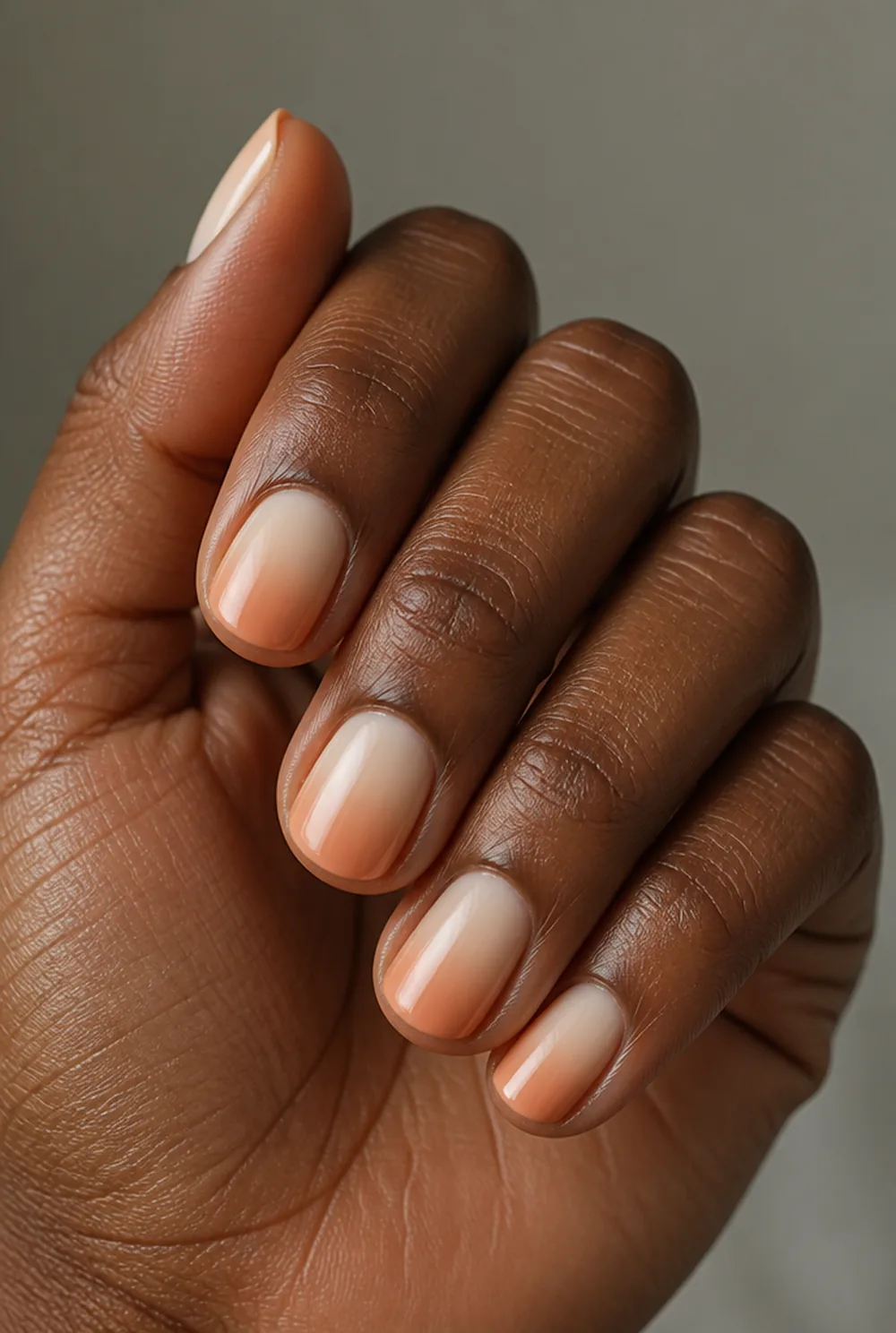 peach and cream ombre nail art on deep brown skin