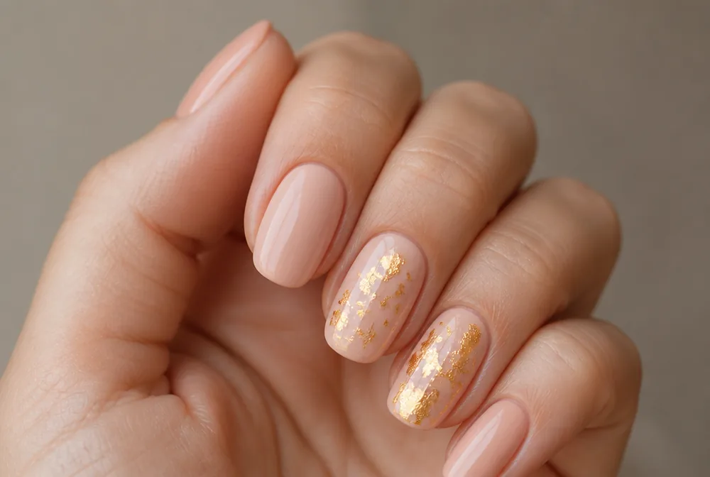 peach nails with gold foil accent