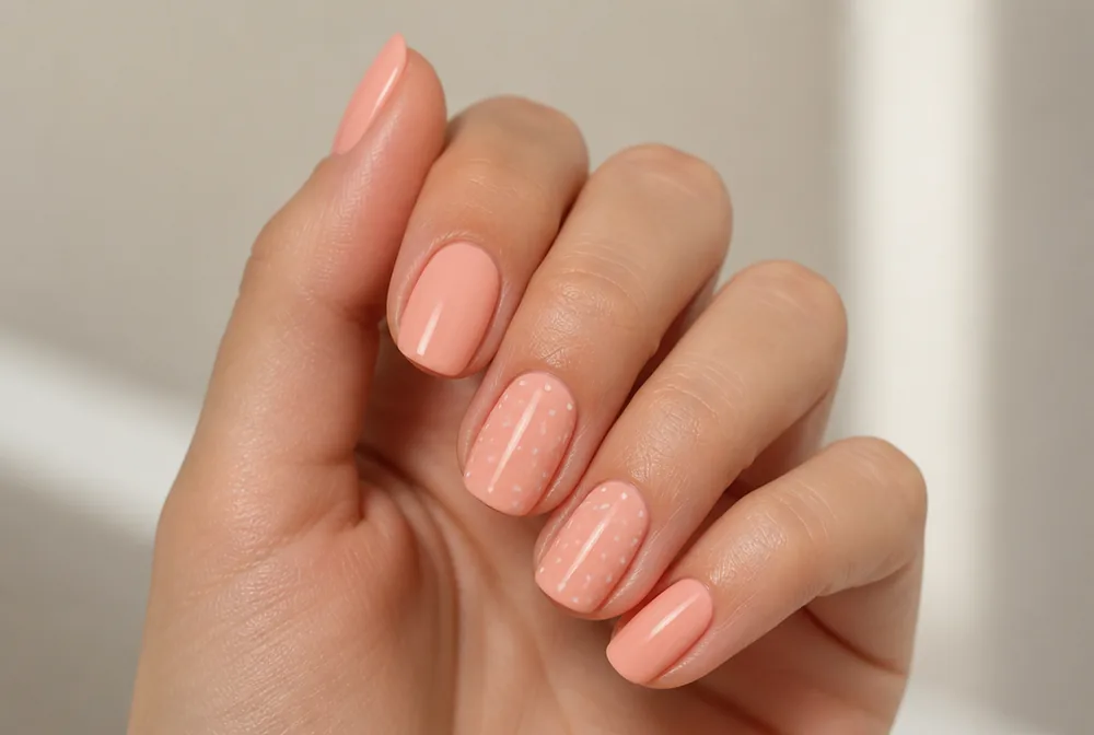 peach nails with tiny white dots