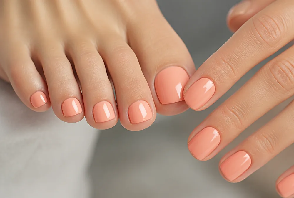 peach pedicure on toes