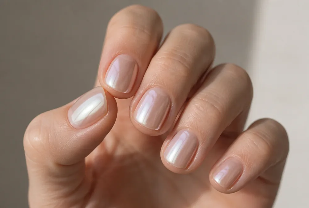 pearl chrome round nails with glazed finish