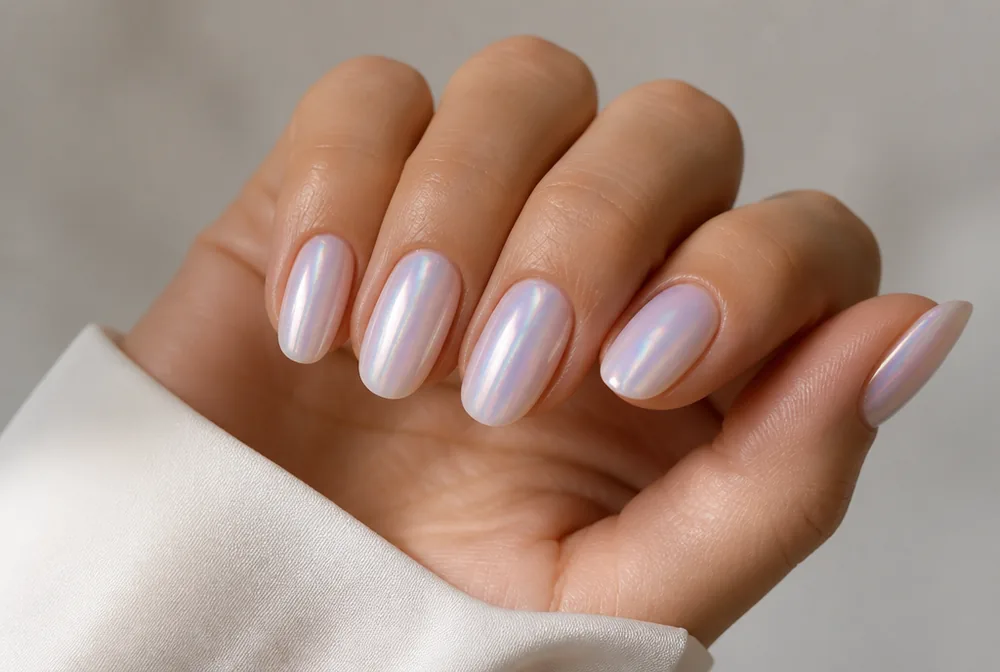 pearl glazed January nails with iridescent finish