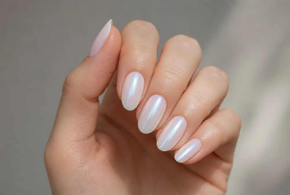 pearl glazed New Years nails with iridescent chrome finish - PolishedAndPrettyNails.com pearl glazed New Years nails with iridescent chrome finish