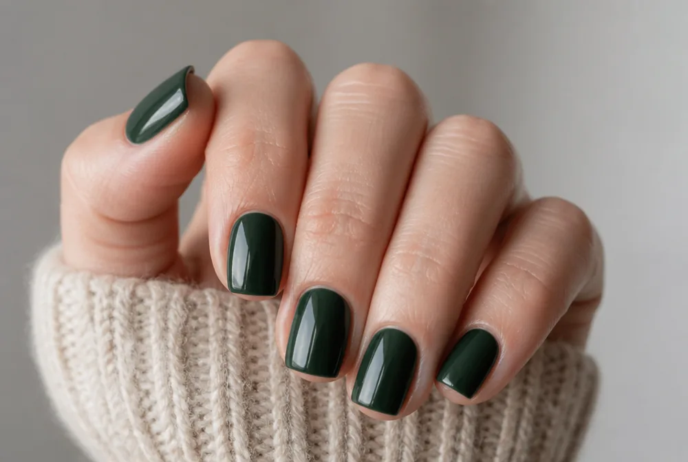 pine green December nails on short square nails