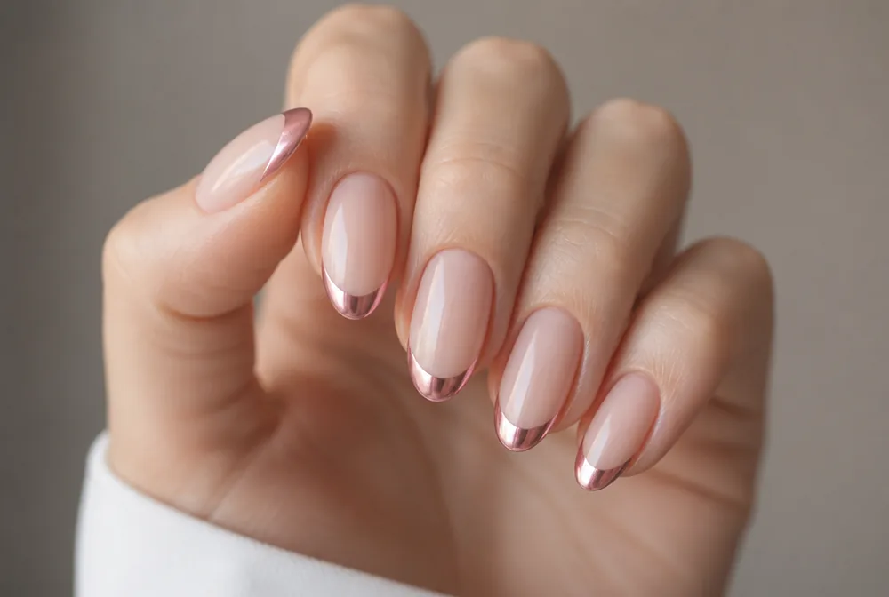pink chrome tip nails on milky pink base