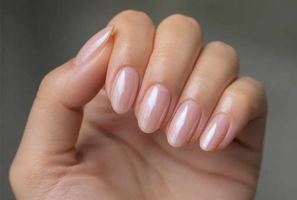 pink glazed pearl Valentines nails