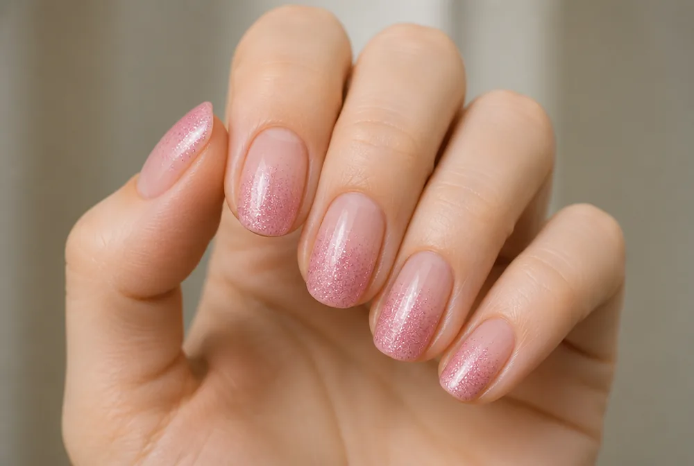 pink glitter ombre nails with sparkle tips