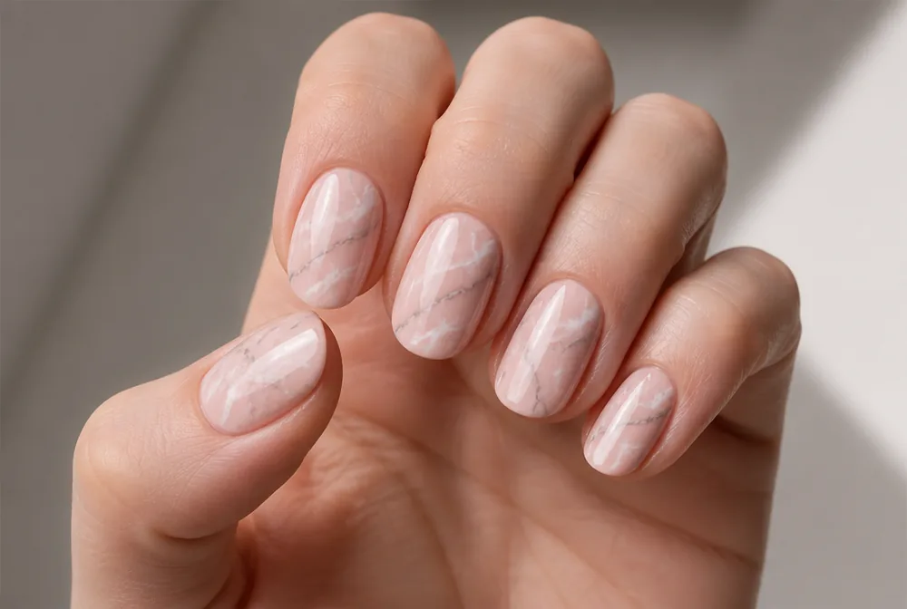 pink marble nails with white veining