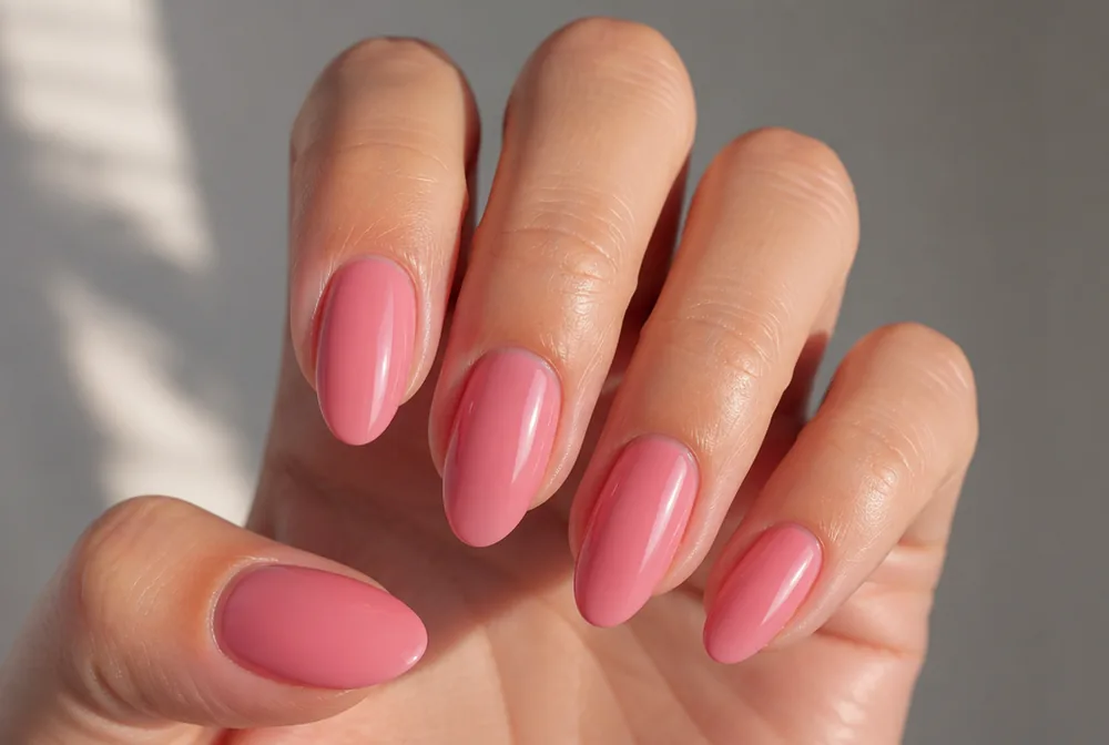 pink medium length almond nails with glossy finish
