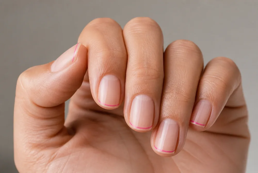 pink micro French tip nails with ultra thin line