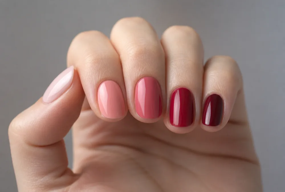 pink to red skittle Valentines nails