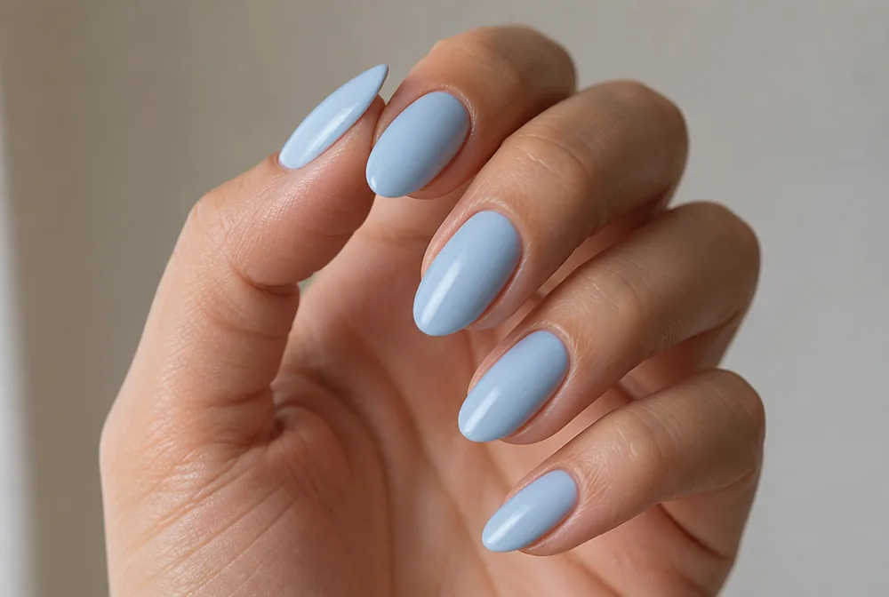 powder blue cream winter nail color on almond nails - PolishedAndPrettyNails.com powder blue cream winter nail color on almond nails