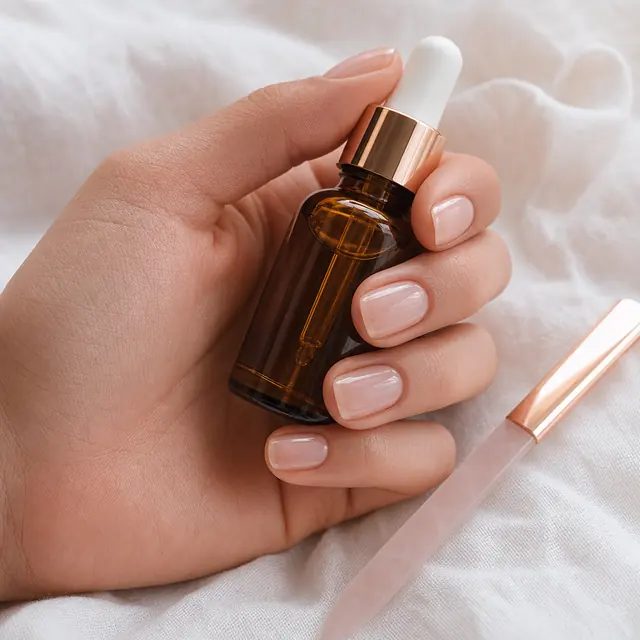 Natural healthy nails with cuticle oil and a glass file