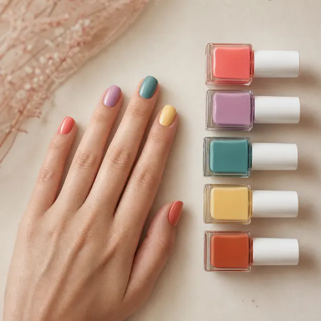 Five nails in different colours beside polish bottles