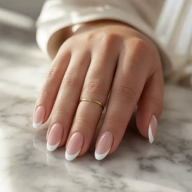 Classic white French tip on almond nails