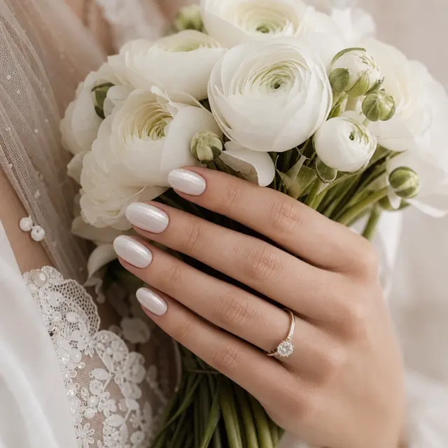 Pearl white bridal nails holding white flowers