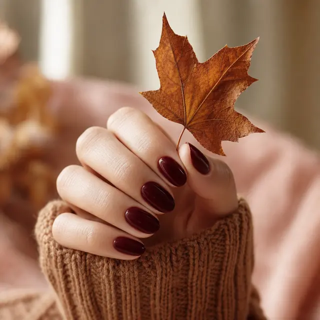 Burgundy nails holding an autumn leaf
