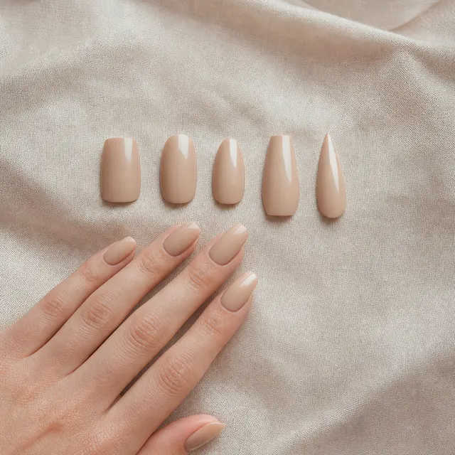 Five nail tips in square, oval, almond, coffin and stiletto shapes