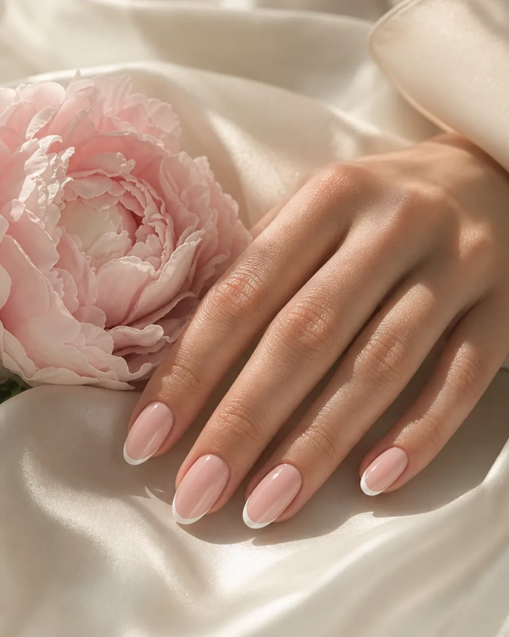 Almond nails in a soft milky pink with a thin white French tip, resting on ivory silk beside a peony