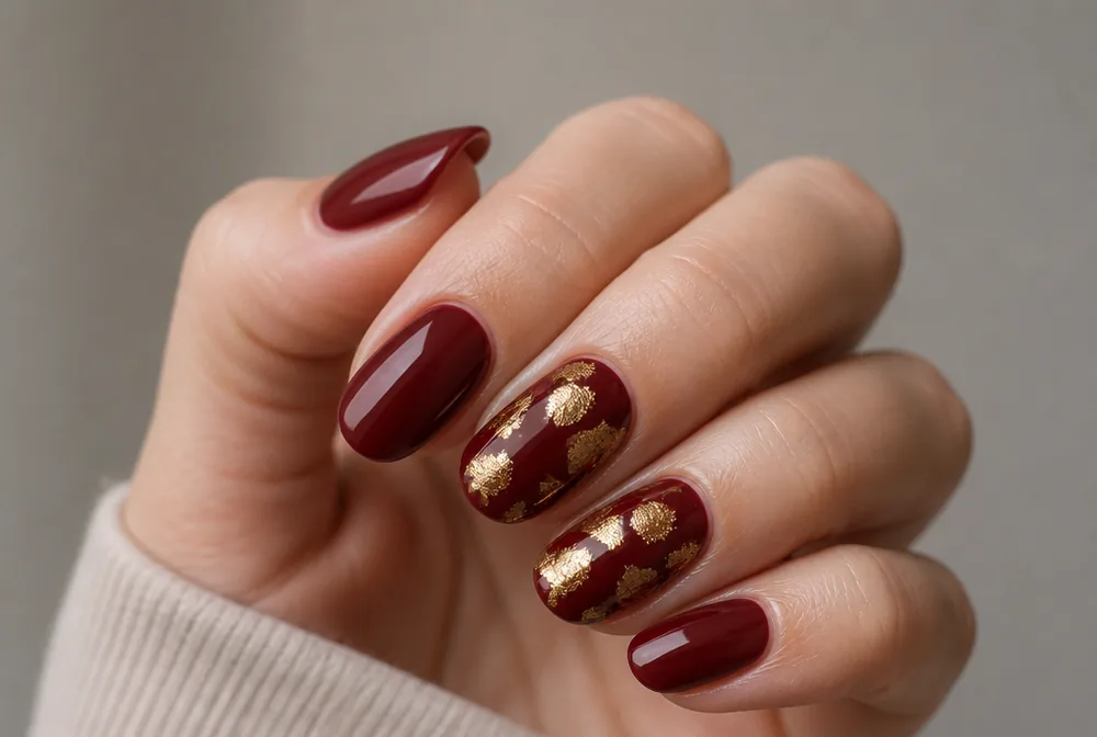 red and gold foil Christmas nail art on deep red base