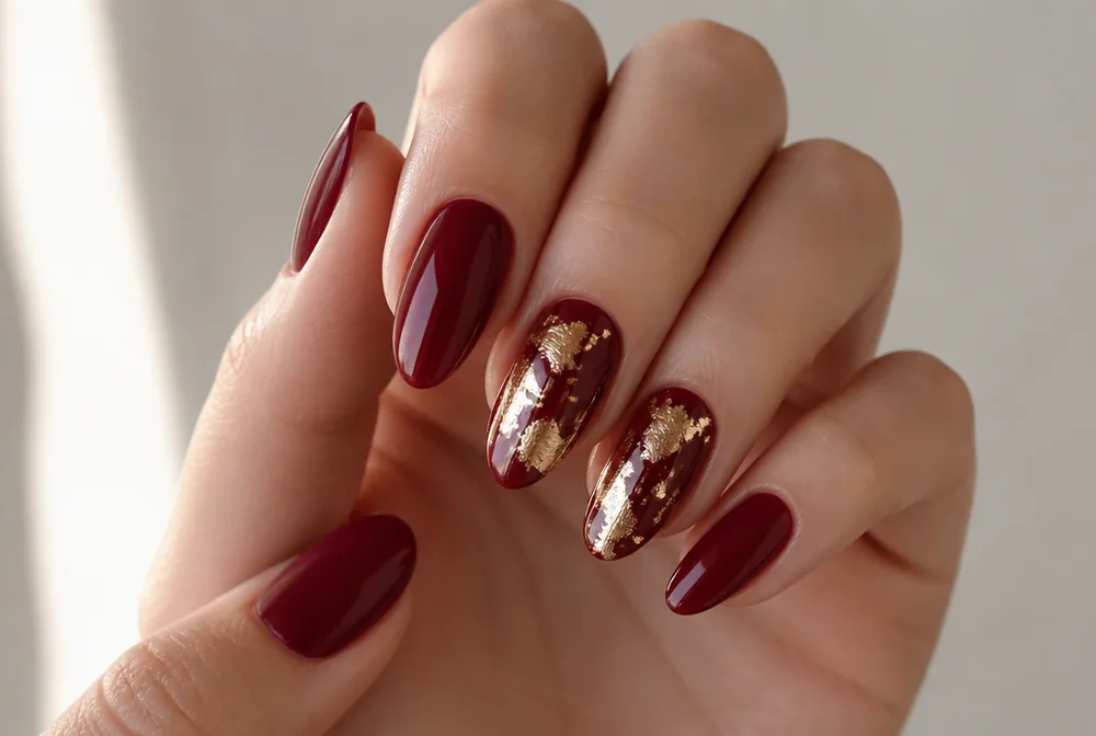 red and gold foil December nail art