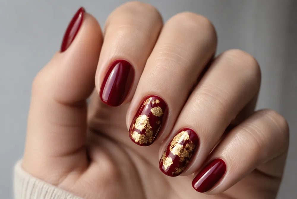 red and gold foil Valentines nails