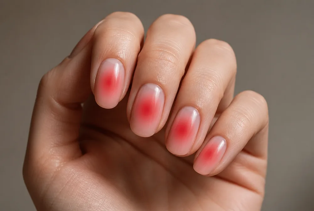 red aura Christmas nails with soft blurred center glow