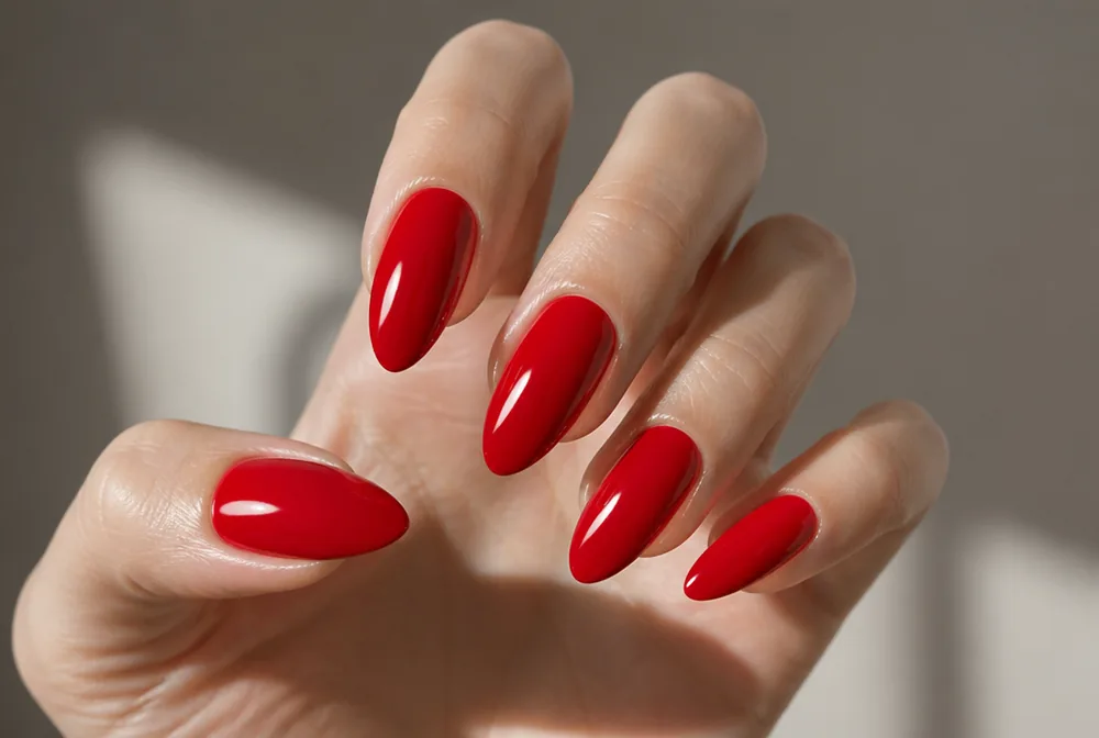 red carpet red New Years nails on long almond nails - PolishedAndPrettyNails.com red carpet red New Years nails on long almond nails