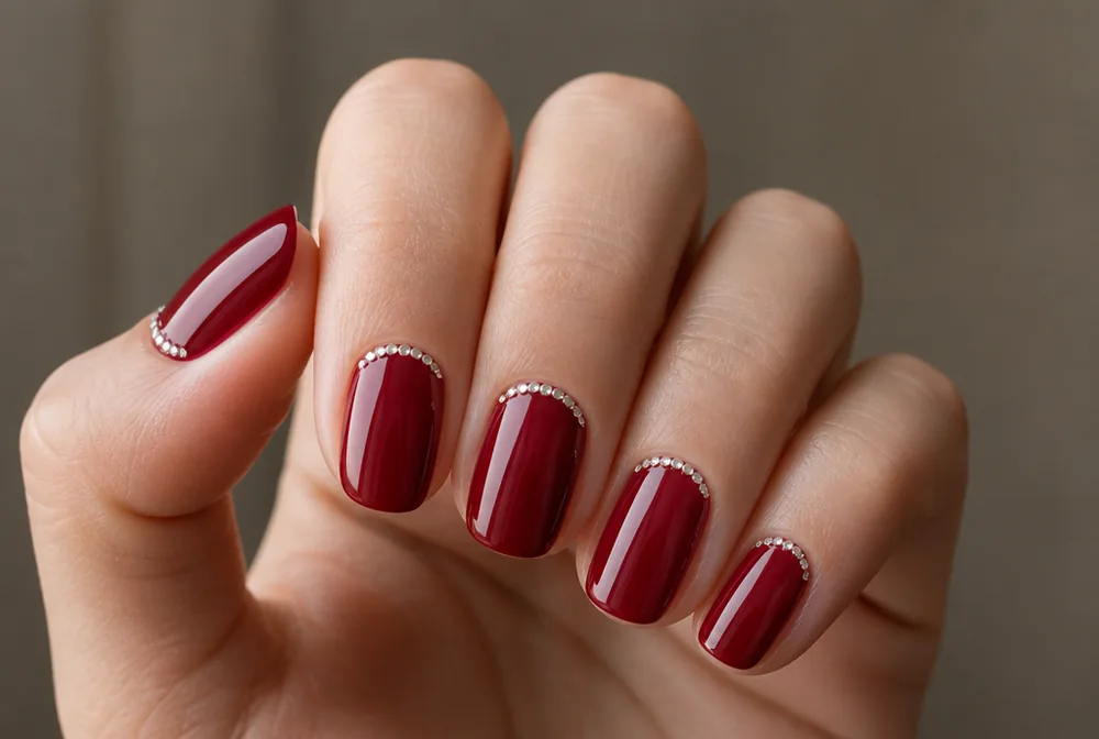 red Christmas nails with rhinestone cuticle cuff detail