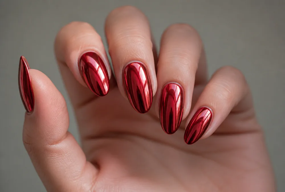 red chrome mirror Christmas nails with metallic finish