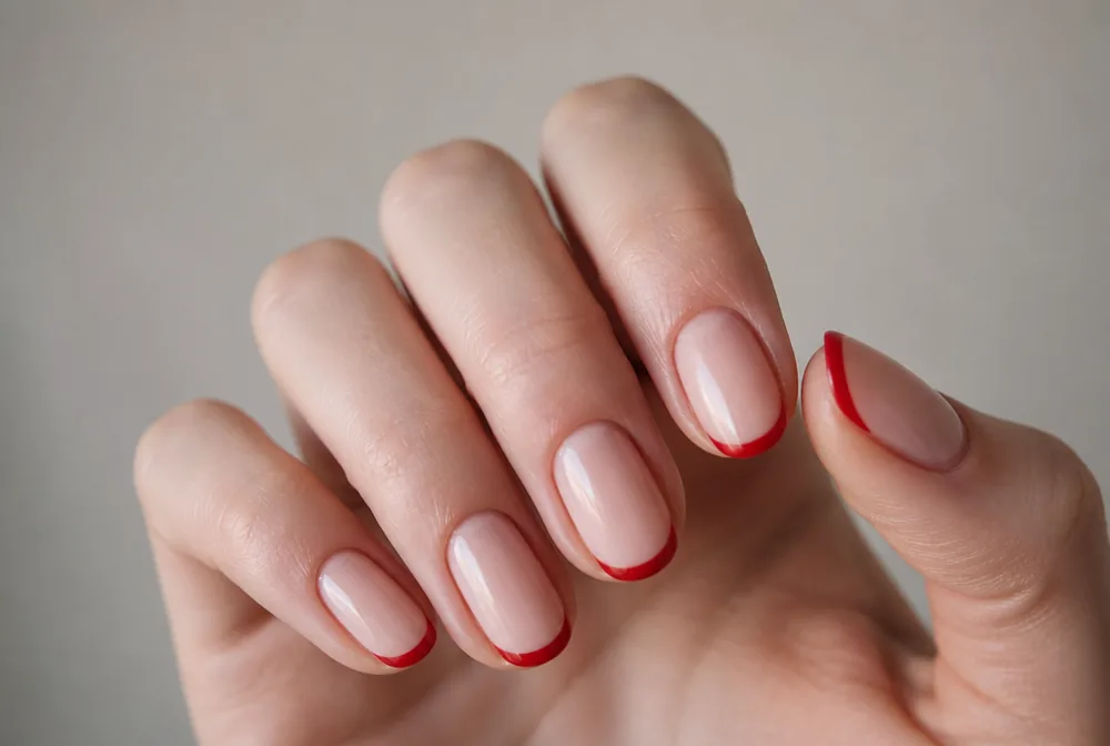 red French tip Christmas nails on nude base