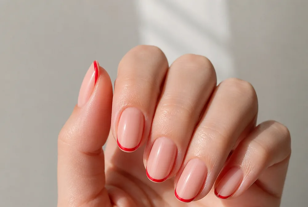 red French tip December nails on nude base