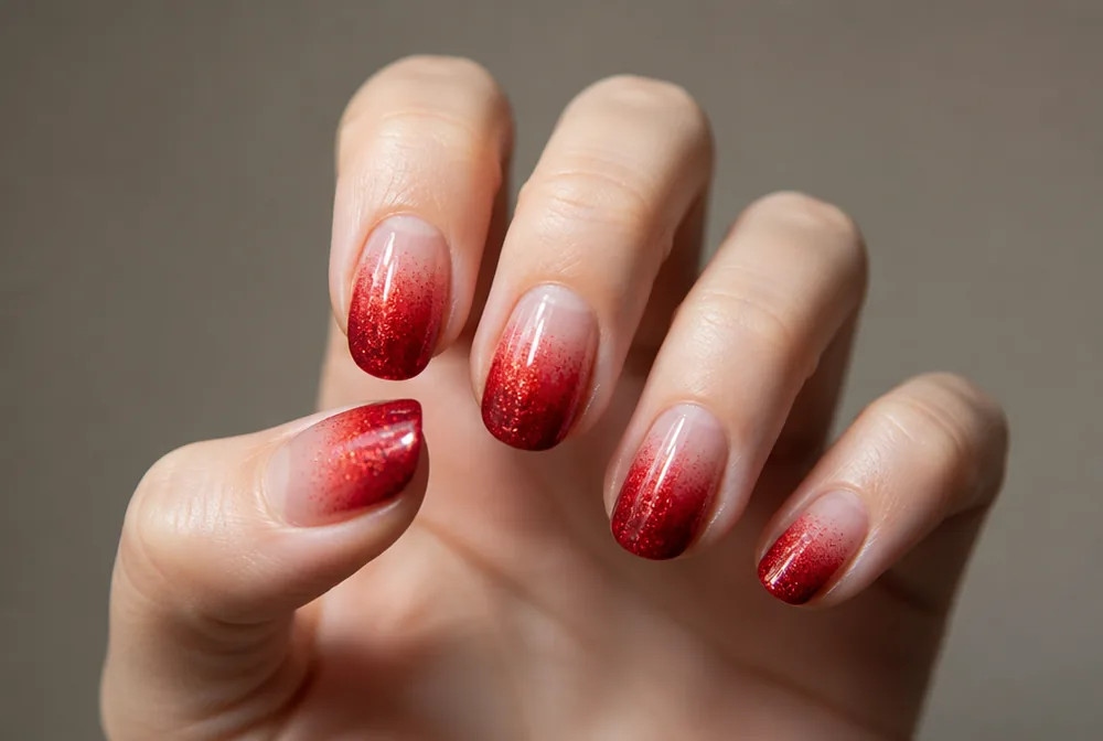 red glitter ombre Christmas nails with faded sparkle tips