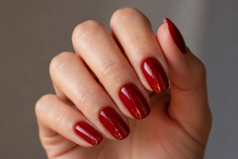 red glitter tip nails over deep red base