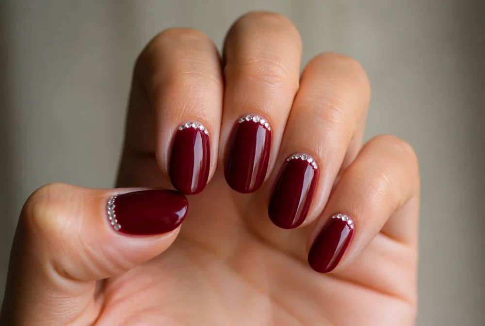 red nails with rhinestone cuticle detail for Valentines