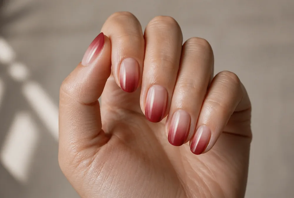 red ombre fade Christmas nails from nude to red