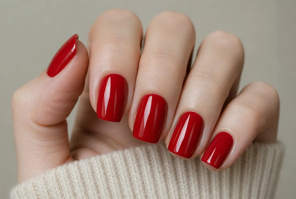 red squoval nails in true red creme polish