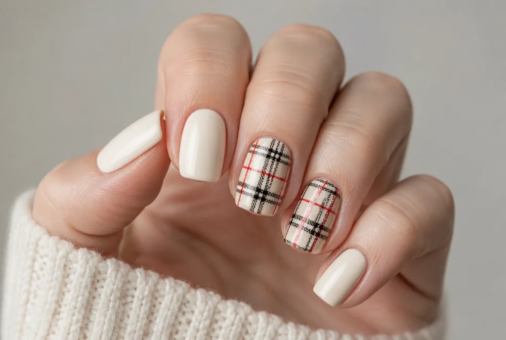 red tartan plaid Christmas nail art on cream base