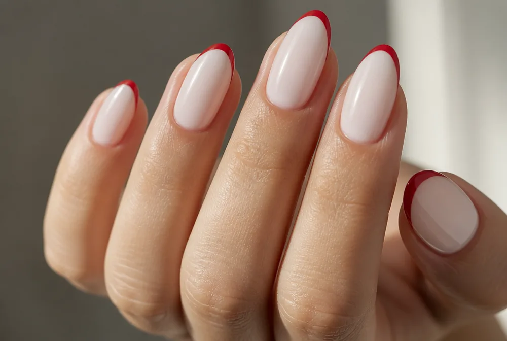 red tips on milky white Christmas nails