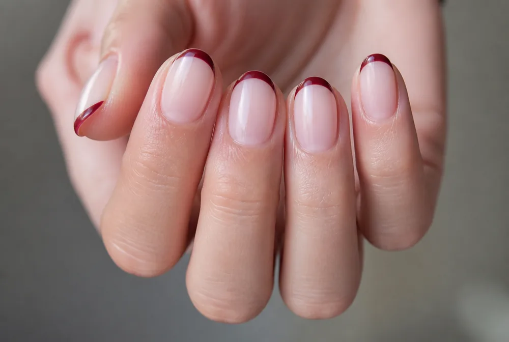 red tips on pink Valentines nails
