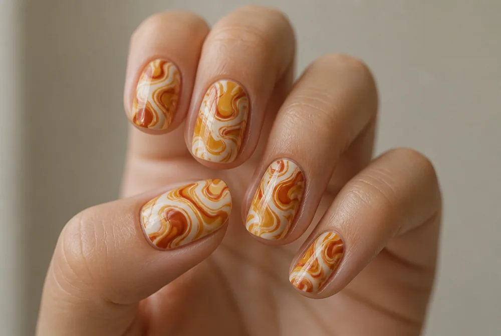 retro seventies swirl nails in mustard and rust