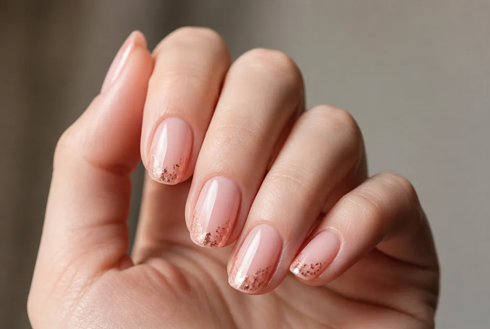 rose gold foil nails on blush pink base