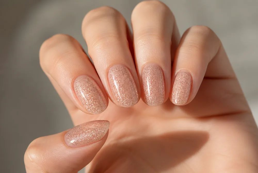 rose gold glitter nails on nude base