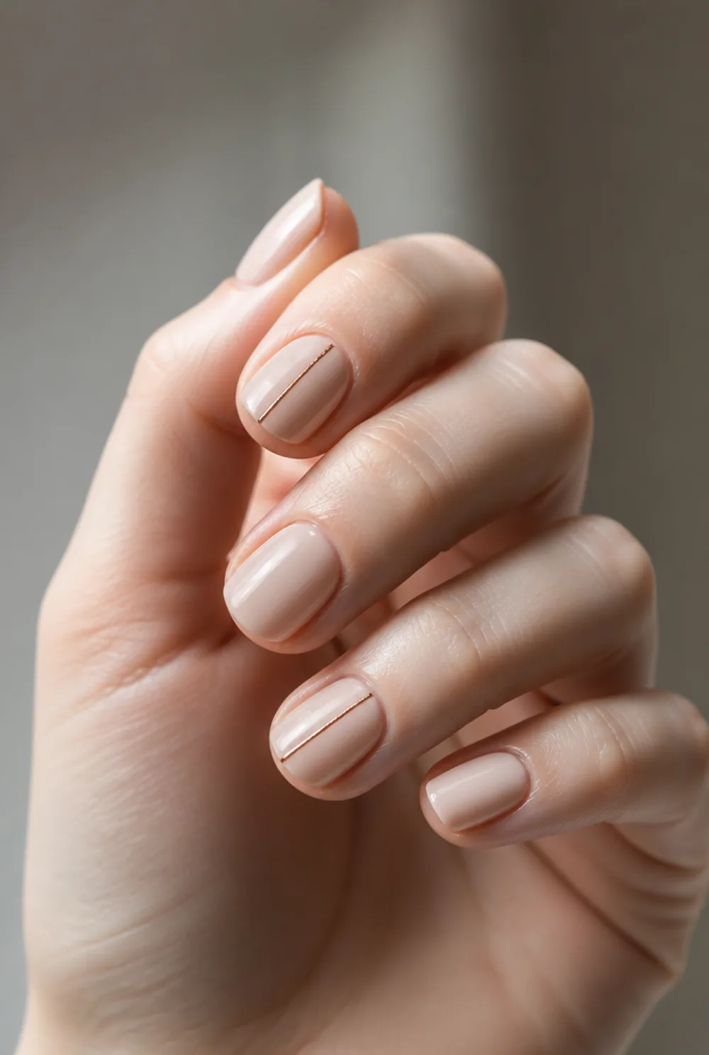 rose gold line on nude nail art on fair skin short length - PolishedAndPrettyNails.com rose gold line on nude nail art on fair skin, short length
