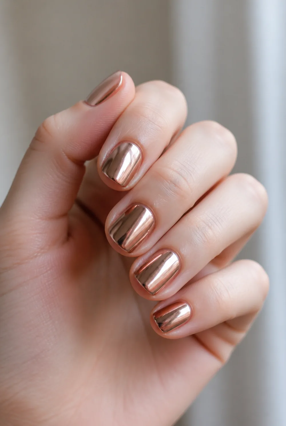 short rose gold square nail art on fair skin short length - PolishedAndPrettyNails.com short rose gold square nail art on fair skin, short length