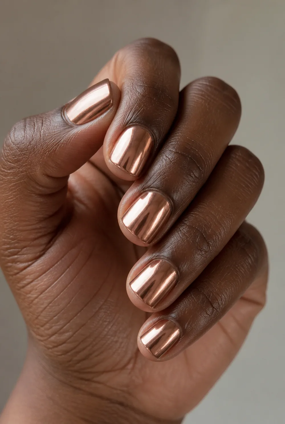 short rose gold square nail art on deep brown skin - PolishedAndPrettyNails.com short rose gold square nail art on deep brown skin